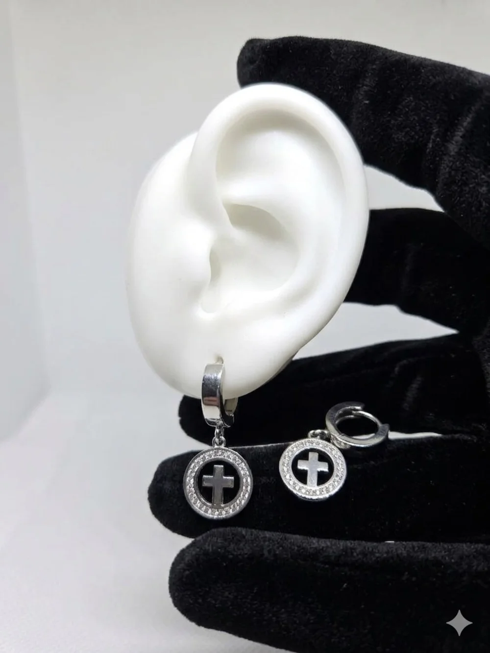 Silver Cross Circle Drop Huggie Earrings